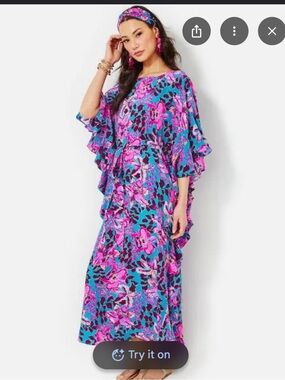 Lilly Pulitzer Monnae Silk Maxi Caftan Dress Ruffle Tie Waist Orchid You Not